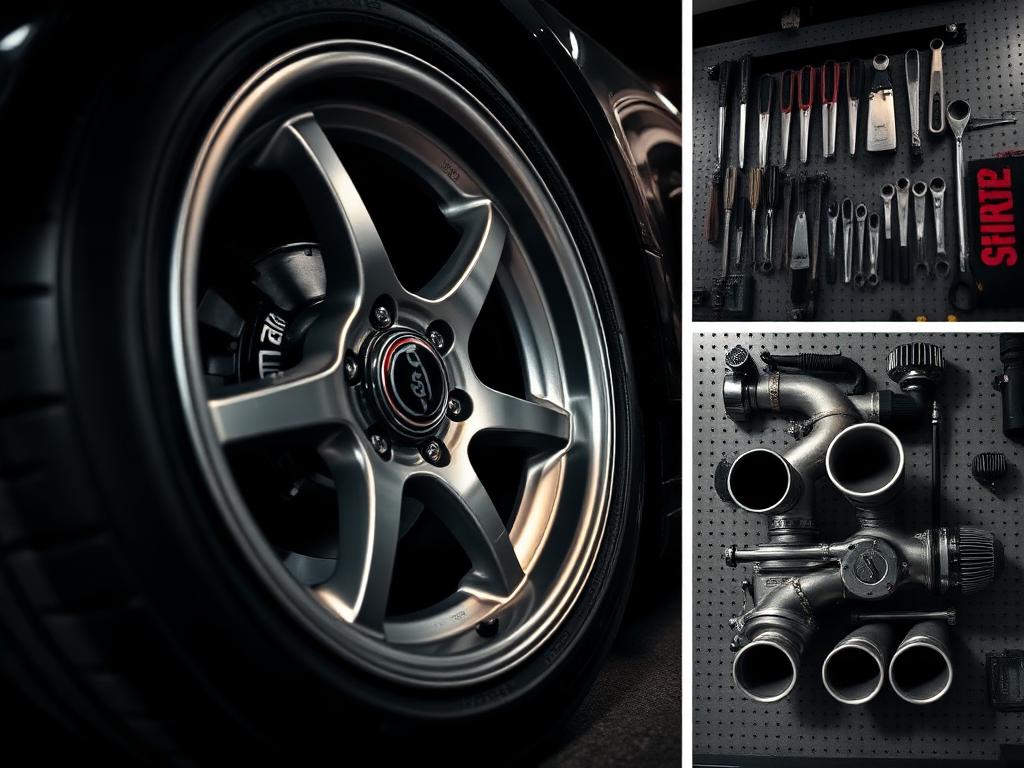 Forged alloy wheel and workshop tool wall at IronForge Garage