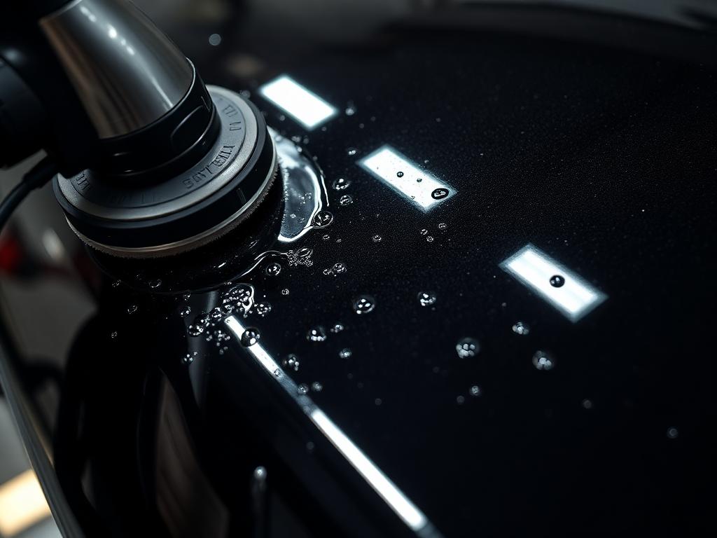 Machine polishing a black bonnet during paint correction