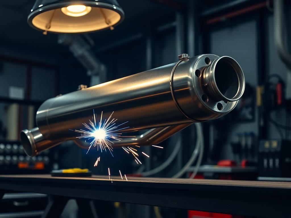 Custom stainless steel exhaust being welded on the bench