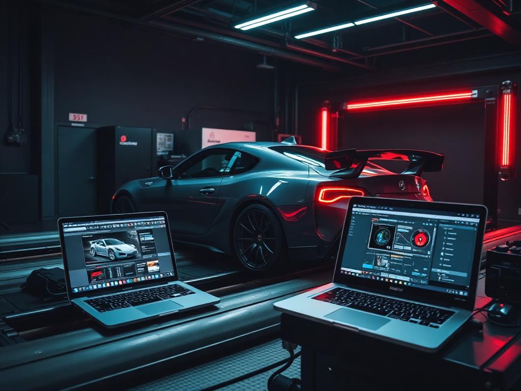 Sports car strapped to the dyno during an ECU tuning session