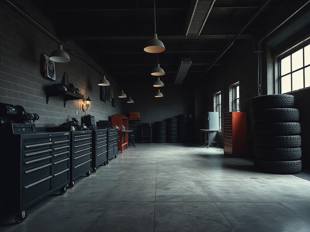 IronForge workshop floor with tool chests and tyre stacks